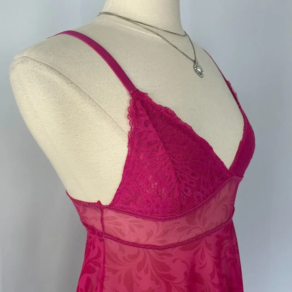 Cami Tank Top Size Medium Hot Pink Sheer Mesh Babydoll Lingerie Romantic